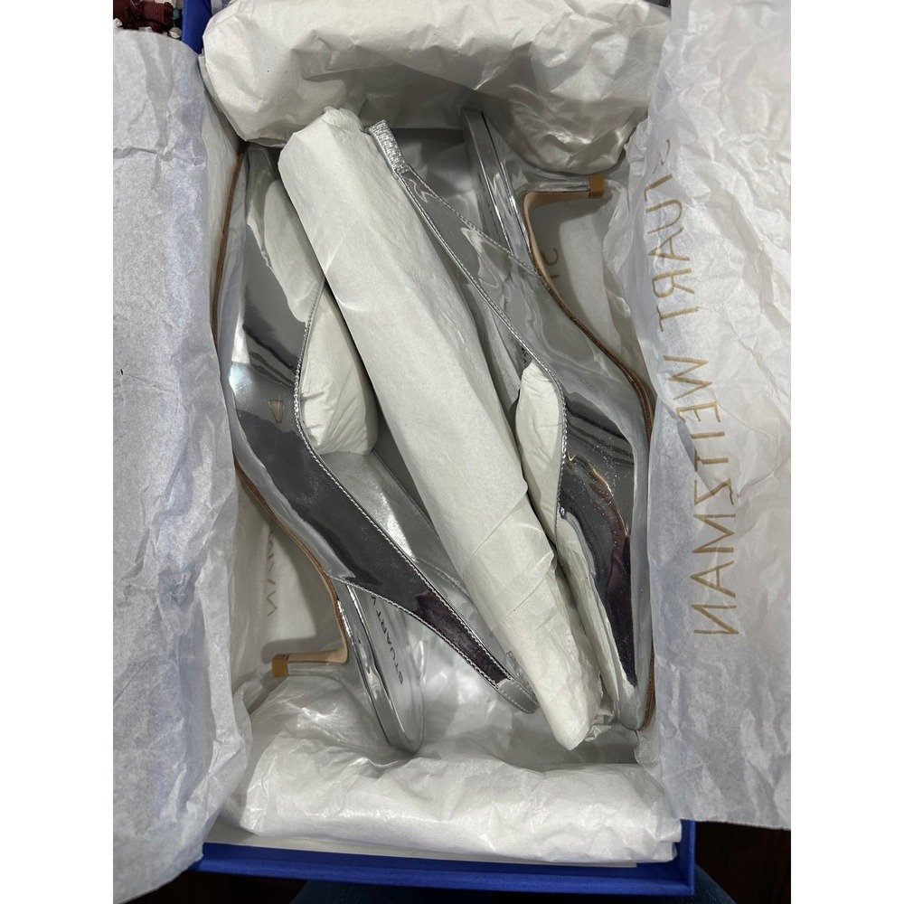 Stuart Weitzman Silver Slingback Pumps | Pointed Toe Heels Luxury Modern Glam‎ - Picture 2 of 7